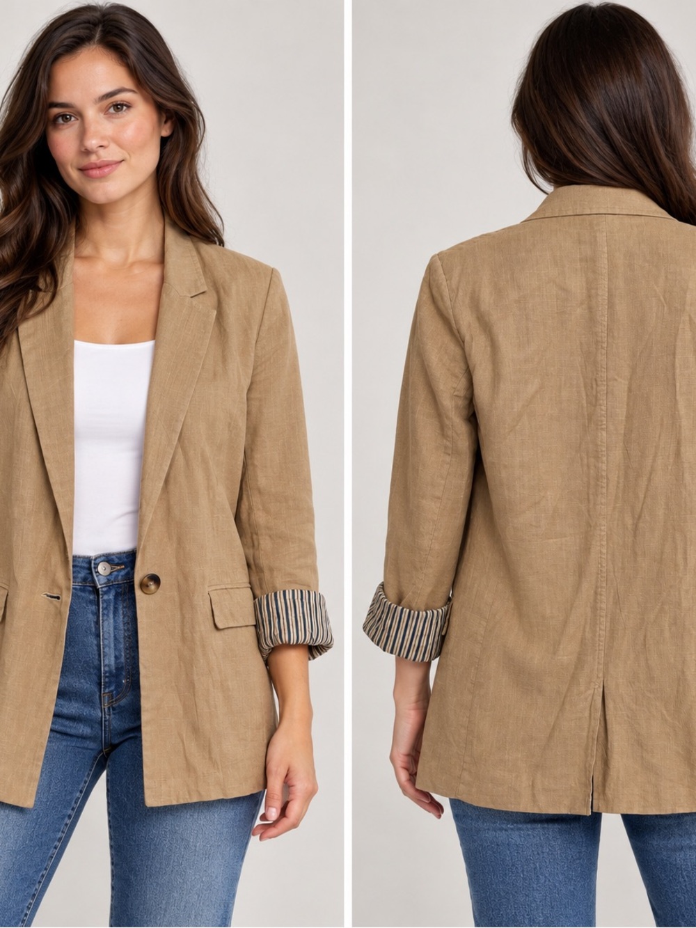 Free People Tan Linen-Blend Relaxed Blazer